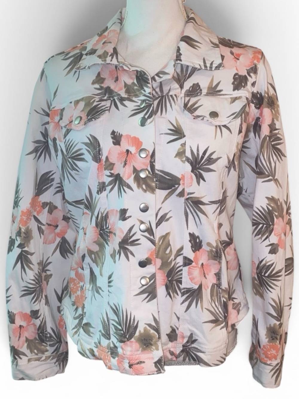 TANZARA Long-Sleeve Tropical Floral Print Denim Jacket Peach/Olive Green SZ XL